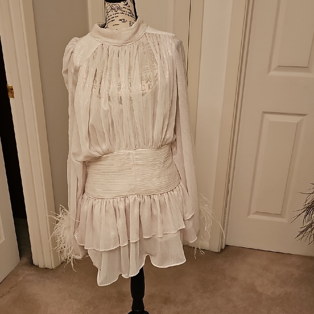 Chic White Long Sleeve Dress with Feather Details